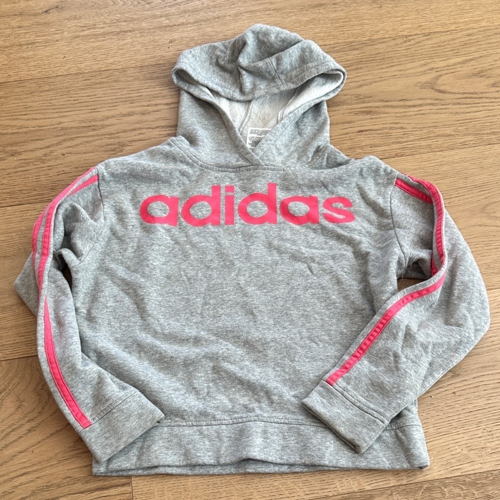 Adidas Kids Gray Hoodie with Pink Stripes 10/12 - Picture 2 of 3
